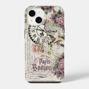 Bonjour Botanical french artwork Cute bird Grunge iPhone 14 Case