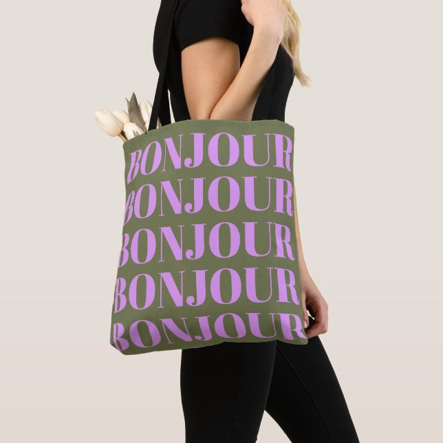 Bonjour | Chic Olive and Lilac Bold Typography  Tote Bag (Close Up)