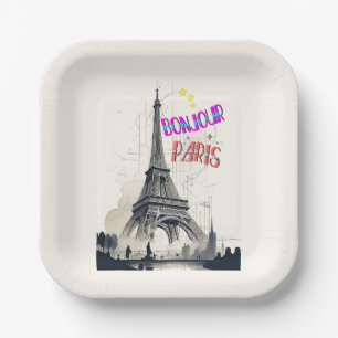Bonjour Colourful Paris Paper Plate