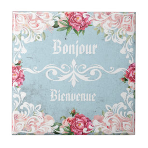 Bonjour Custom text trendy french vintage Ephemera Tile