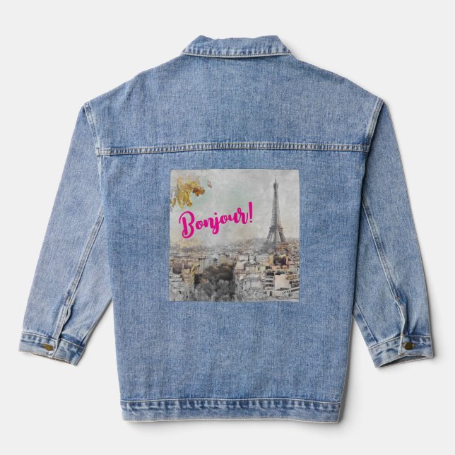 Bonjour Eiffel Tower Paris France Denim Jacket  (Back)