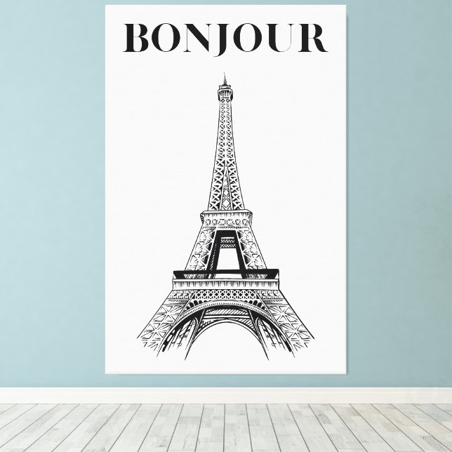 Bonjour Eiffel Tower - Parisian Chic Stretched  Canvas Print (Insitu(Wood Floor))