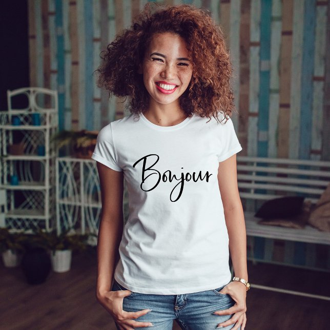 Bonjour | Elegant and Modern French Script T-Shirt (Creator Uploaded)