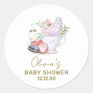 Bonjour Floral Macarons Milk Tea Baby Shower Classic Round Sticker