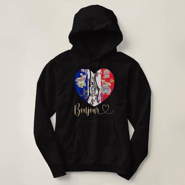 Bonjour France I Love Paris French Flag Heart Fren Hoodie (Design Front)