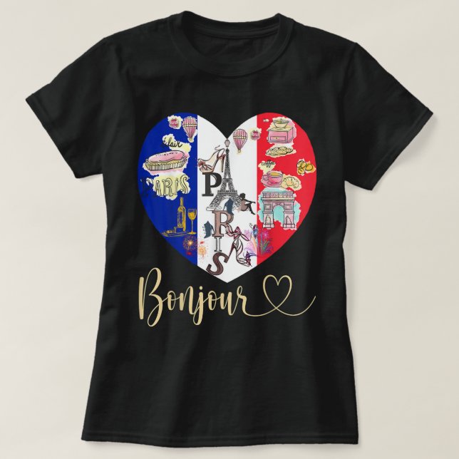 Bonjour France I Love Paris French Flag Heart Fren T-Shirt (Design Front)
