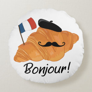 Bonjour French Croissant - France Funny Food Round Cushion