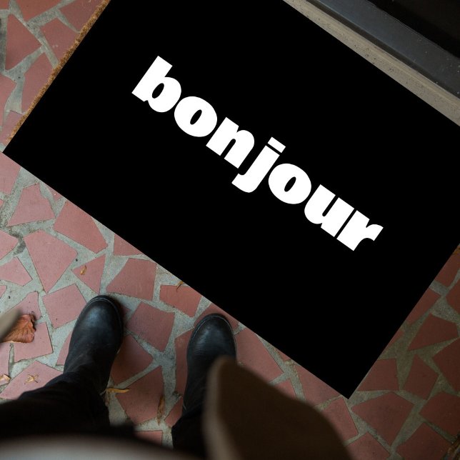 BONJOUR French Modern Minimalist Typography Doormat (Bonjour, reads this fun, funny French modern minimalist doormat in classic black and white. )