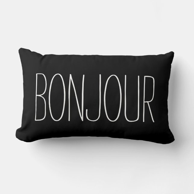 Bonjour French Typography Black and White Quote Lumbar Cushion (Front)