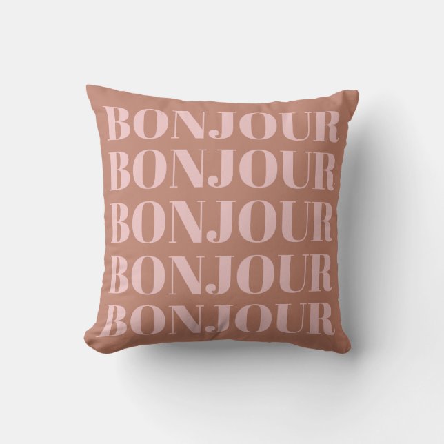 Bonjour | French Typography Terracotta and Blush Cushion (Front)