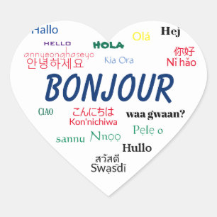 Bonjour Hello Languages World Travel Colourful Heart Sticker