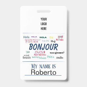 Bonjour Hello World Travel Languages Colourful Nam ID Badge