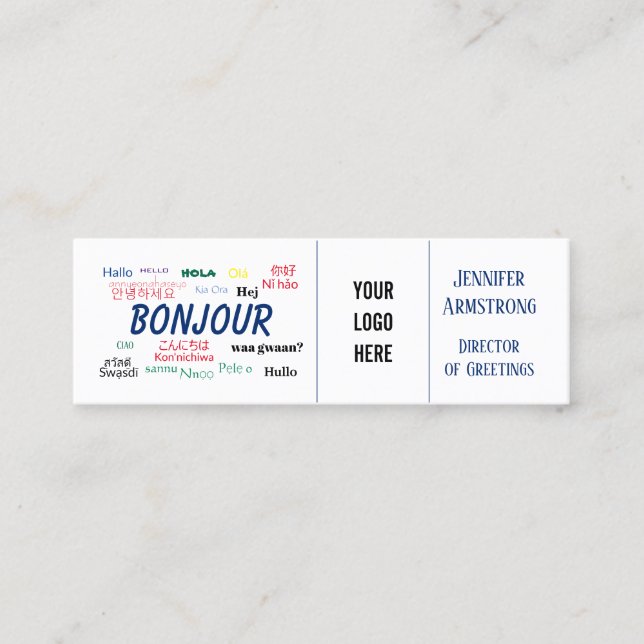 Bonjour Hello World Travel Languages Colourful Nam Mini Business Card (Front)