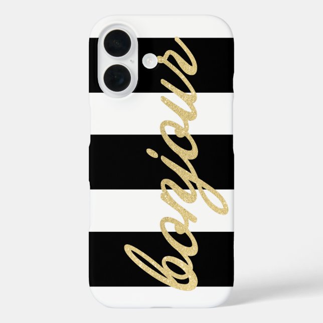 Bonjour in Gold Script Black Stripes French Hello Case-Mate iPhone Case (Back)