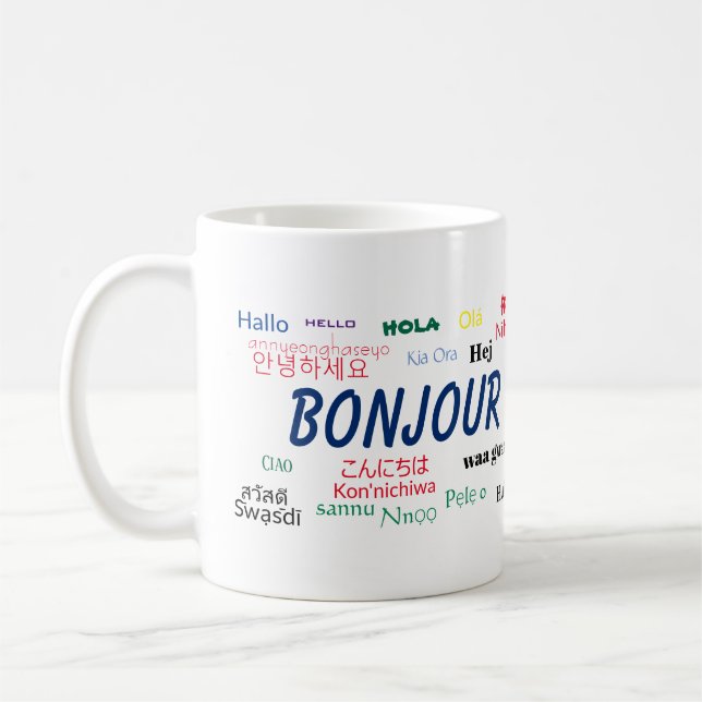 Bonjour Languages World Travel Colourful Coffee Mug (Left)