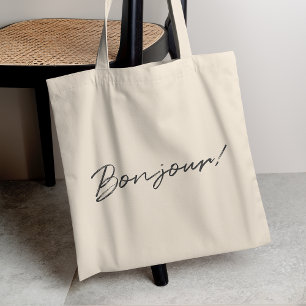 Bonjour!   Modern Script French Hello Trendy Black Tote Bag