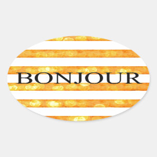 Bonjour Orange Stripe Bokeh Oval Sticker