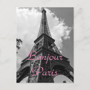 Bonjour Paris Black White Eiffel Tower France Holiday Postcard