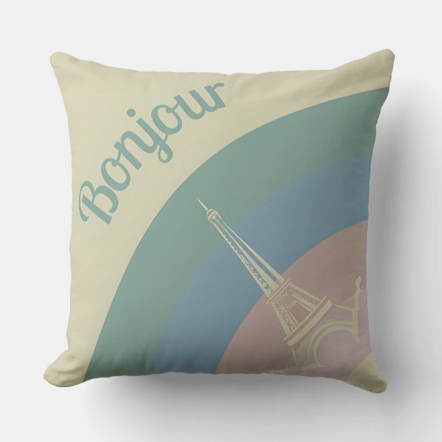 Bonjour Paris Eiffel Tower Art Throw Pillow (Front)