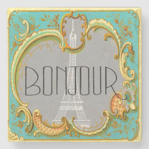 Bonjour Paris Vintage French Eiffel Tower Collage Stone Coaster