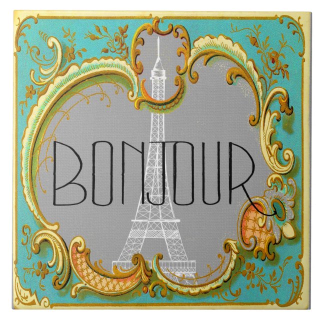 Bonjour Paris Vintage French Eiffel Tower Collage Tile (Front)