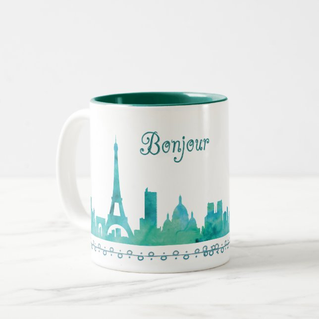 Bonjour Paris Watercolor Silhouette Two-Tone Coffee Mug (Front Left)