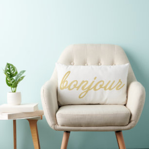 Bonjour Pillow   Gold Coloured Script