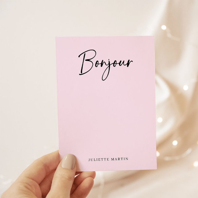 Bonjour | Pink and Black Elegant French Script Card (An elegant French style note card that says "Bonjour" in modern script)