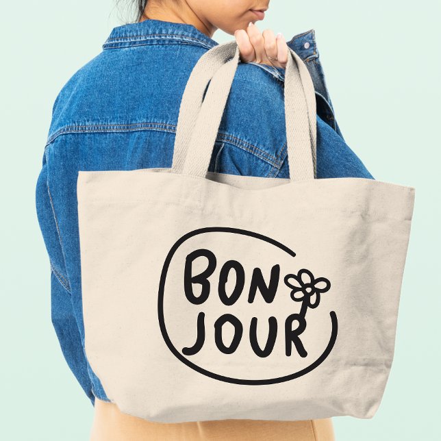 Bonjour Simple Modern Floral French Greeting  Large Tote Bag (Creator Uploaded)