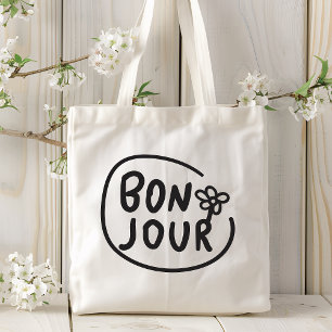 Bonjour Simple Modern Floral French Greeting  Tote Bag