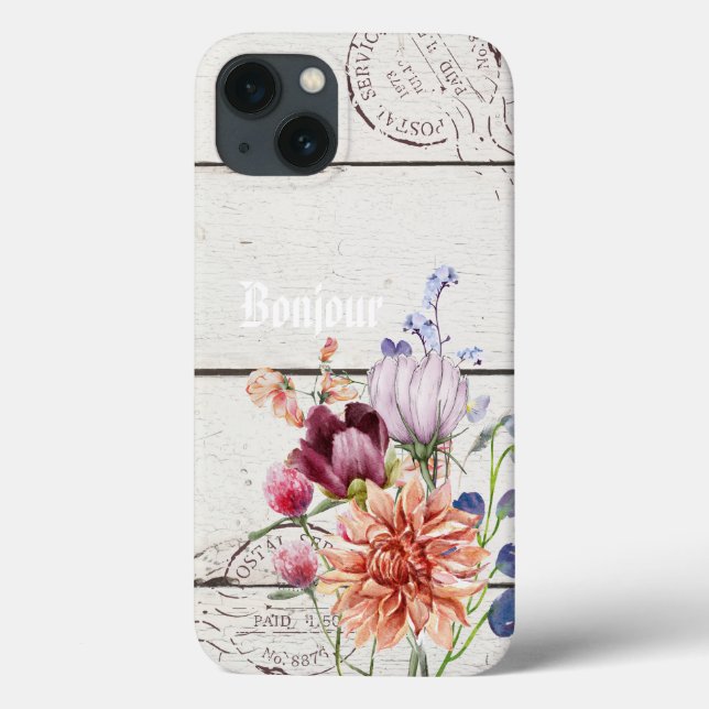 Bonjour Trendy rustic wood French background chic Case-Mate iPhone Case (Back)
