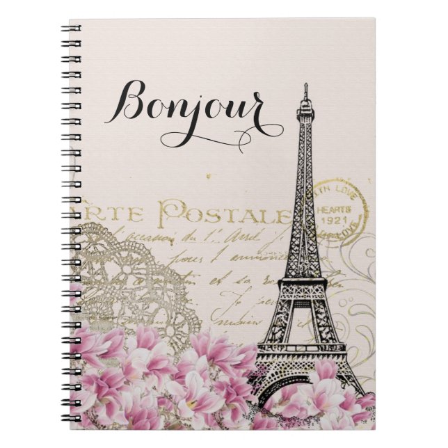 Bonjour Vintage Eiffel Tower Collage with Flowers Notebook (Front)