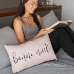 Bonne Nuit | Blush Pink Lumbar Cushion<br><div class="desc">Say goodnight in Parisian style with our chic blush pink pillow featuring "bonne nuit" (good night) in black handwritten style calligraphy script lettering. Pillow reverses to an optional back pattern of dotted diamonds in matching black.</div>