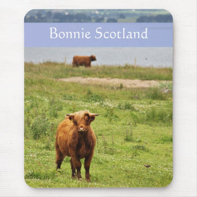 'Bonnie Scotland' with Young Highland Cow Photo Mouse Pad (Front)