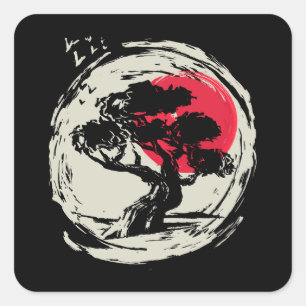 Bonsai Art Japanese Sunset Square Sticker