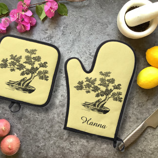 Bonsai - Chinese Style - black and white Oven Mitt & Pot Holder Set
