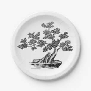 Bonsai - Chinese Style - black and white Paper Plate