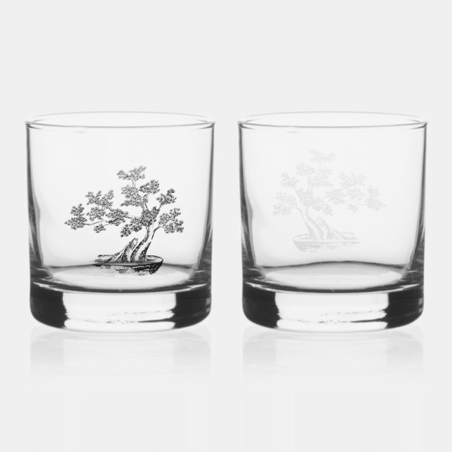 Bonsai - Chinese Style - black and white Whiskey Glass (Front)