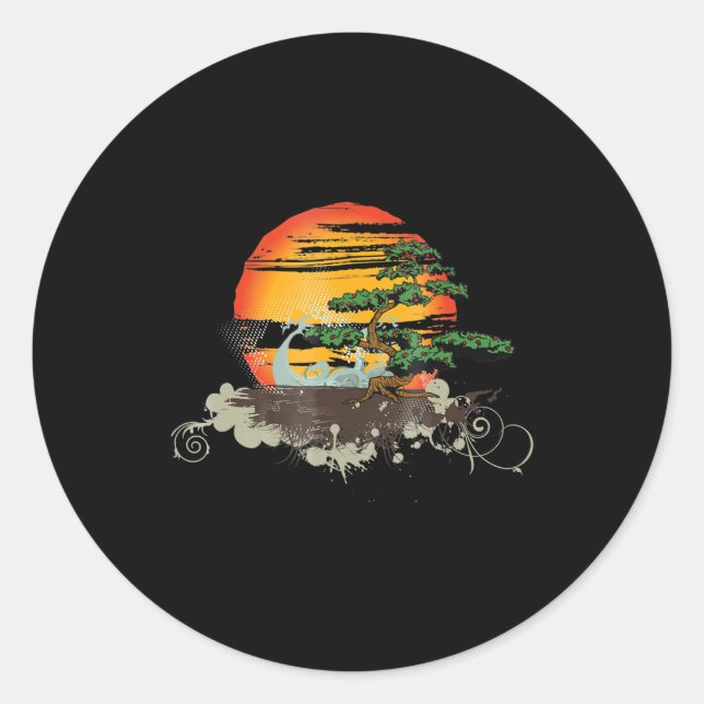 bonsai style tree sunset or sunrise classic round sticker (Front)