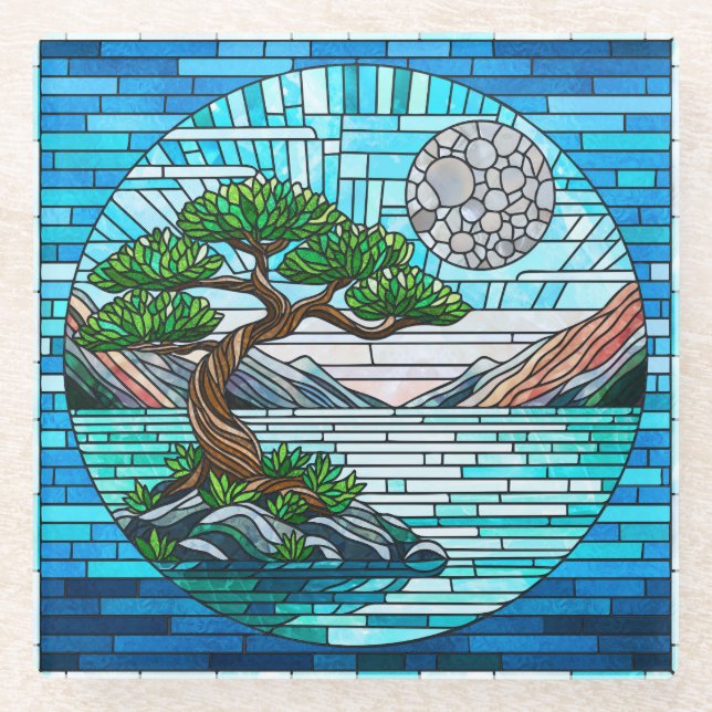 Bonsai Tree Full Moon Mosaic Art Glass Coaster (Front)