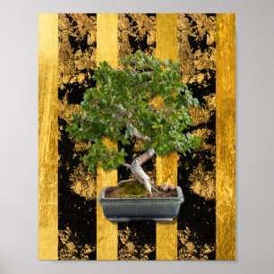 Bonsai Tree Green Gold Black Stripes Wall Art