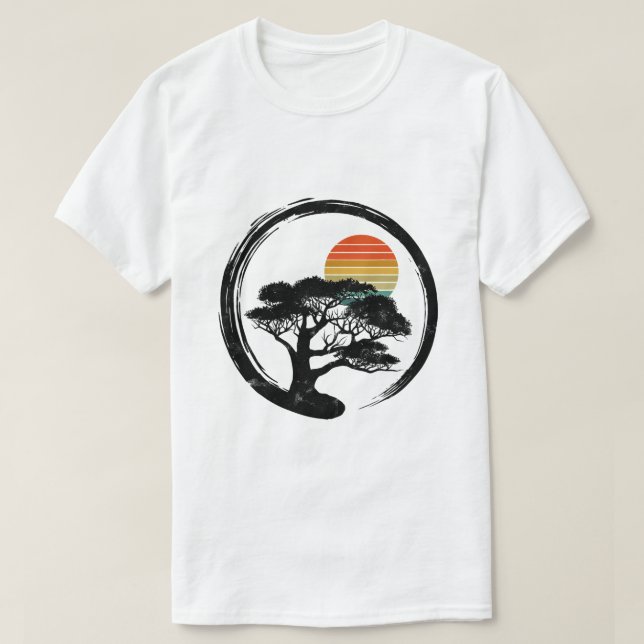 Bonsai Tree Japanese Sun Retro Gift Buddhist T-Shirt (Design Front)