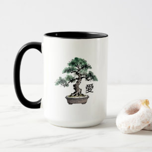 Bonsai Tree Sumi-e Style Japanese Love Calligraphy Mug