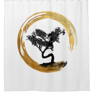 Bonsai Tree. Zen Enso Circl. Feng Shui Calligraphy Shower Curtain