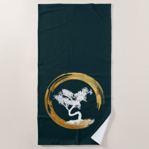 Bonsai Tree. Zen Enso Circle. Feng Shui Calligraph Beach Towel