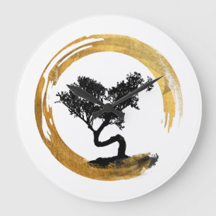 Bonsai Tree. Zen Enso Circle. Watercolor Art Large Clock