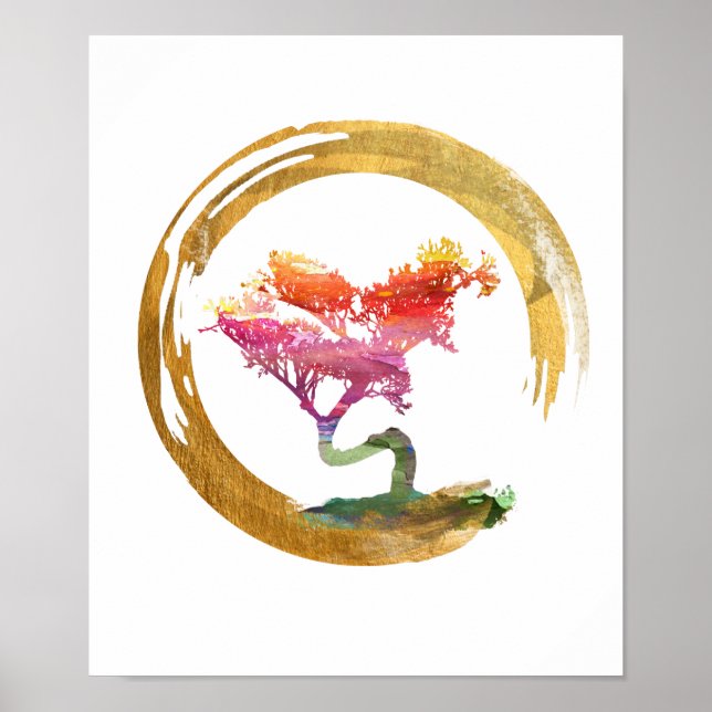 Bonsai Tree. Zen Enso Circle. Watercolor Art Poster (Front)