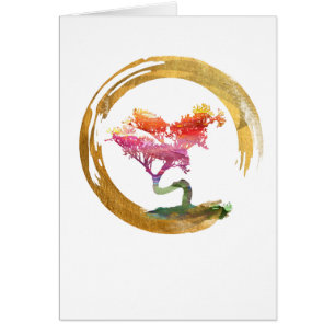 Bonsai Tree. Zen Enso Circle. Watercolor Feng Shui