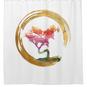 Bonsai Tree. Zen Enso Circle Watercolor Feng Shui Shower Curtain