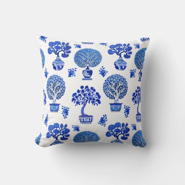 Bonsai Trees Pattern in Cobalt Blue and White Cushion (Front)